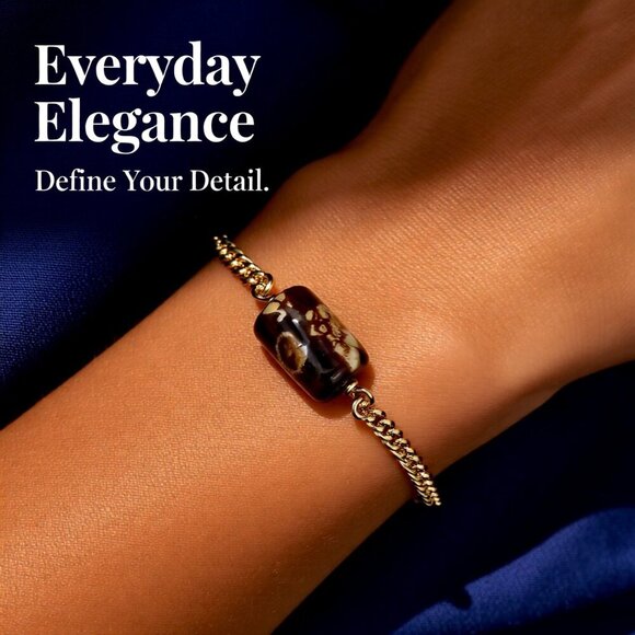 Minimalist Simplistic Elegant: Cream & Brown Fire Agate + Gold Chain Bracelet - Picture 3 of 15